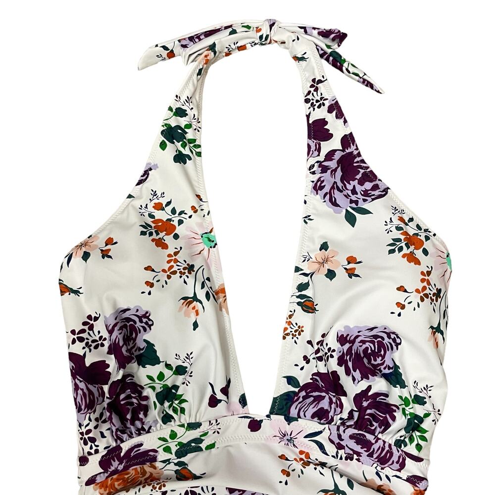 Cupshe | NWT White Floral Print Ruched Halter Cross Cutout One-Piece Swimsuit - Picture 4 of 12